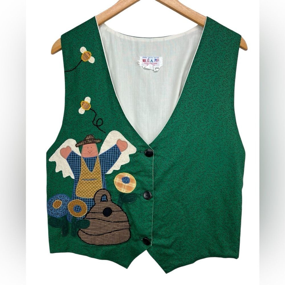 Vtg 90s Green Quilted Vest Folk Art Style Applique Angel Beehive Bees Womens LG